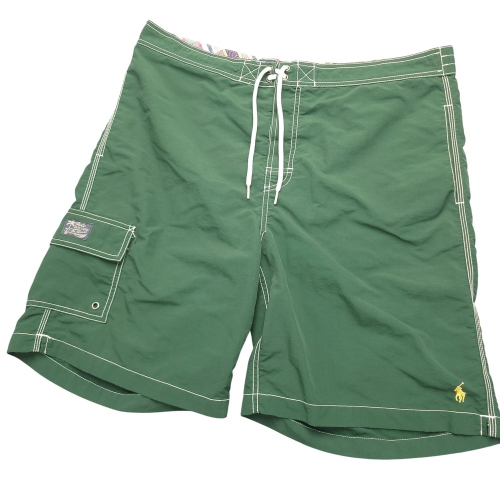 Polo Ralph Lauren Swim Shorts Mens L Green Solid Cargo Pocket Lined Beach